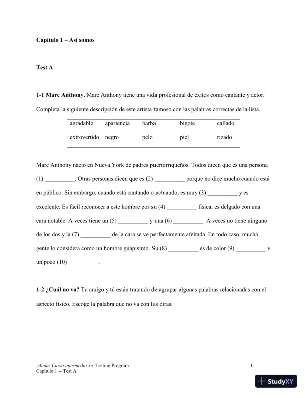 Test Bank for ¡Anda! Curso intermedio, 3rd Edition - Page 1 preview image