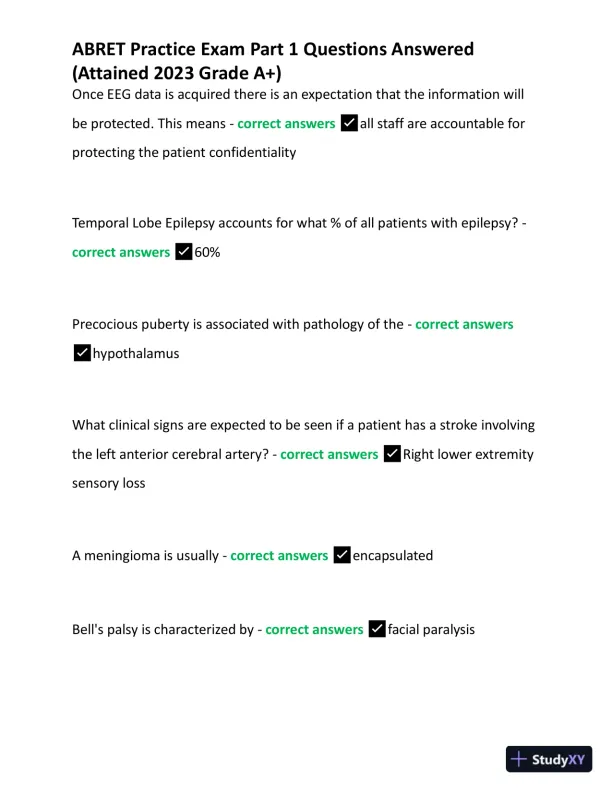 2023 ABRET Practice Exam Part 1 with Answers (167 Solved Questions) - Page 1 preview image