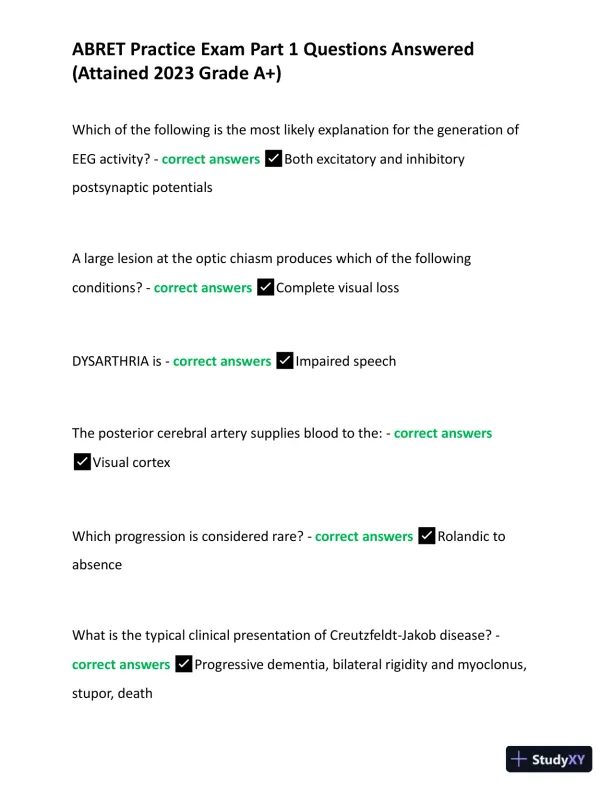 2023 ABRET Practice Exam Part 1 with Answers (167 Solved Questions) - Page 7 preview image