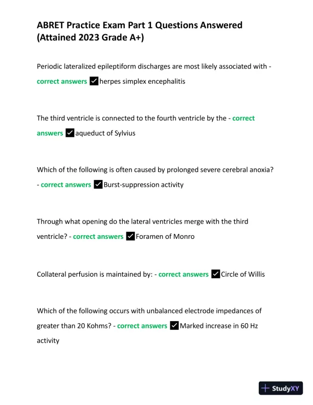 2023 ABRET Practice Exam Part 1 with Answers (167 Solved Questions) - Page 8 preview image