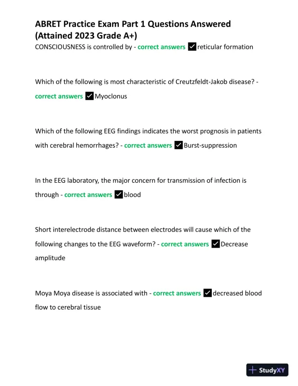 2023 ABRET Practice Exam Part 1 with Answers (167 Solved Questions) - Page 9 preview image