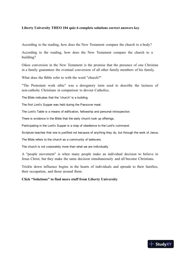 Liberty University THEO 104 Quiz 6 Complete Solutions Correct Answers Key - Page 1 preview image