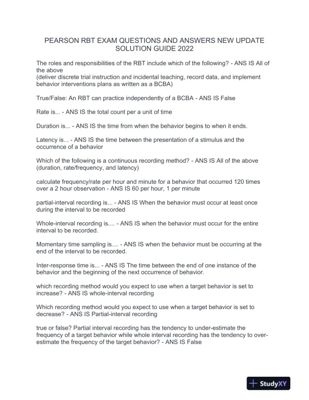 2022 PEARSON Education RBT EXAM With Answers (139 Solved Questions) - Page 1 preview image