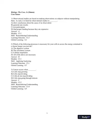 Test Bank For Biology: The Core, 3rd Edition - Page 1 preview image