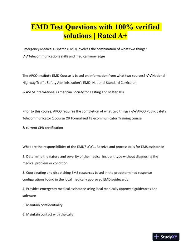 EMD Comprehensive Practice Exam With Answers (74 Solved Questions) - Page 1 preview image