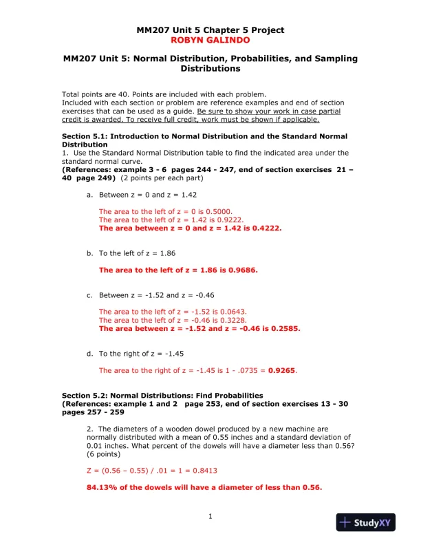 MM207 Unit 5: Normal Distribution, Probabilities, and Sampling Distributions - Page 1 preview image