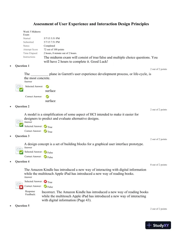 Assessment of User Experience and Interaction Design Principles Week 5 Midterm Exam - Page 1 preview image