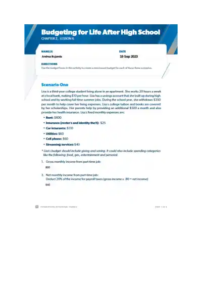 Budgeting for Life After High School - Page 1 preview image
