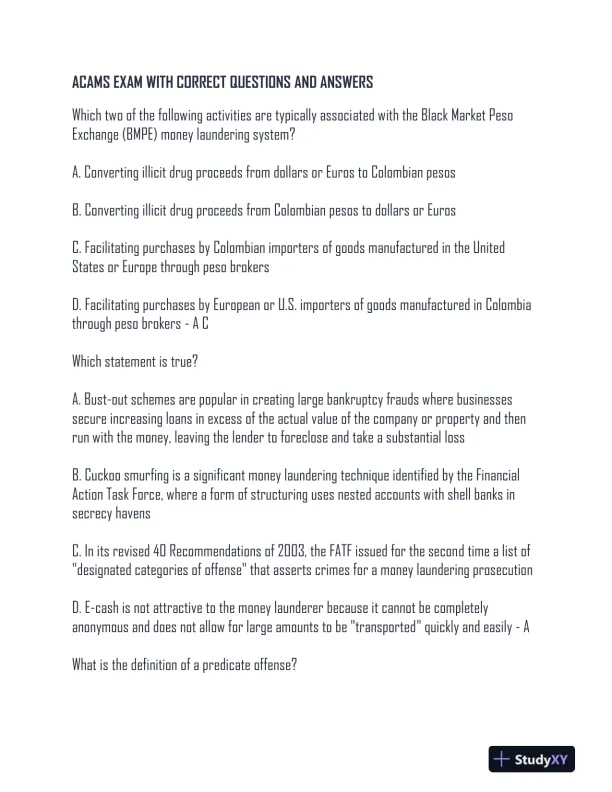 ACAMS Practice Exam With Answers (72 Solved Questions) - Page 1 preview image