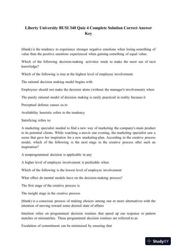 Liberty University BUSI 340 Quiz 4 Complete Solution Correct Answer Key - Page 1 preview image