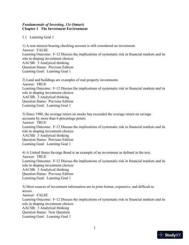 Test Bank For Fundamentals of Investing, 13th Edition - Page 1 preview image