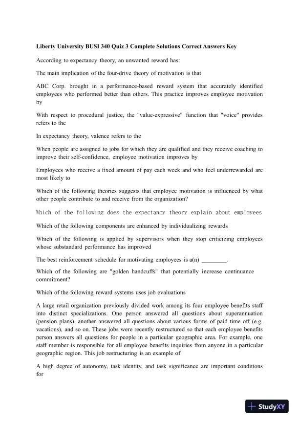 Liberty University BUSI 340 Quiz 3 Complete Solutions Correct Answers Key - Page 1 preview image
