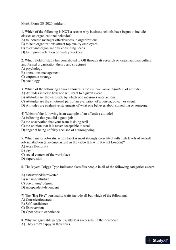 202 Mock OB Midterm Exam with Answers (30 Solved Questions) - Page 1 preview image