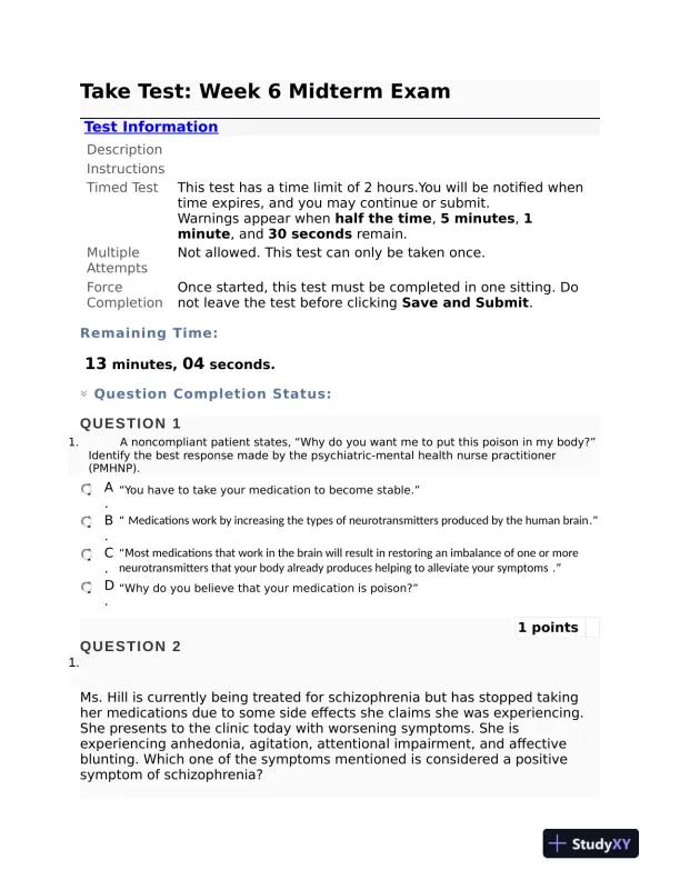 NURS6630 Mental Health Mid term Exam Final Week 6 With Answers (75 Solved Questions) - Page 1 preview image
