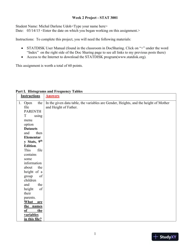 STAT 3001 Week 2 Project - Page 1 preview image