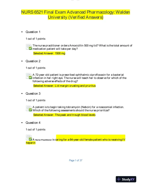 2020 NURS6521 Walden University Advanced Pharmacology Final Exam With Answers (100 Solved Questions) - Page 1 preview image