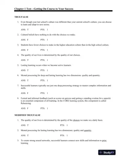 On Course: Strategies for Creating Success in College and in Life 7th Edition Test Bank - Page 1 preview image