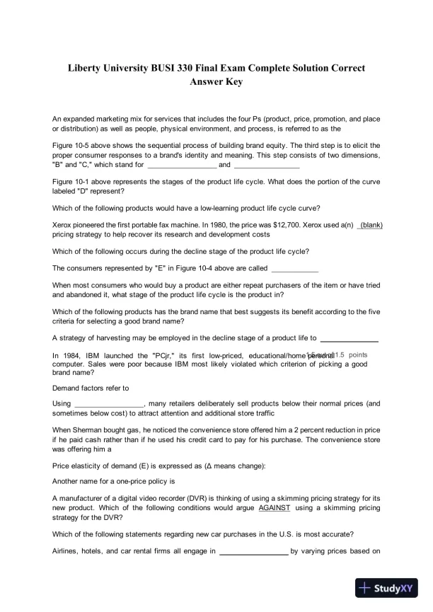 Liberty University BUSI 330 Final Exam Complete Solution Correct Answer Key - Page 1 preview image
