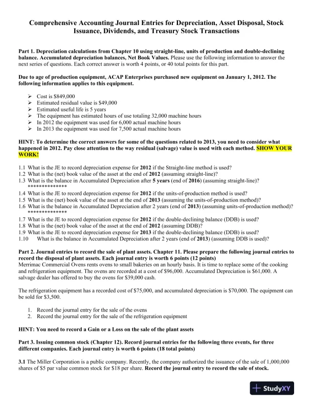 Comprehensive Accounting Journal Entries for Depreciation, Asset Disposal, Stock Issuance, Dividends, and Treasury Stock Transactions - Page 1 preview image