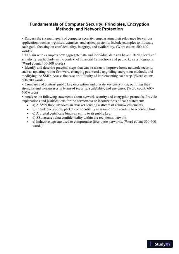 Fundamentals of Computer Security: Principles, Encryption Methods, and Network Protection - Page 1 preview image