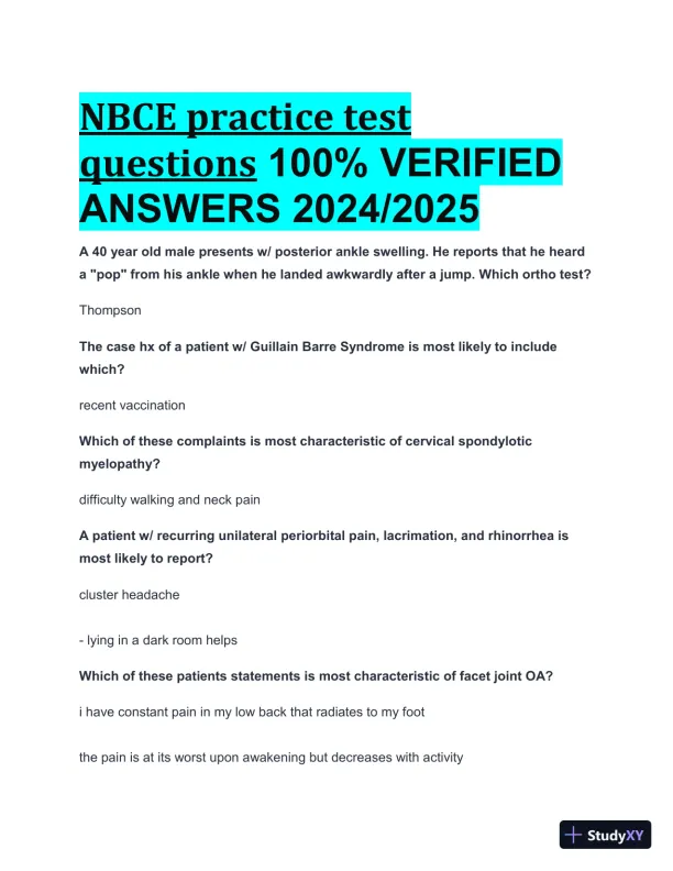 2024-2025 NBCE Practice test with Answers (303 Solved Questions) - Page 1 preview image