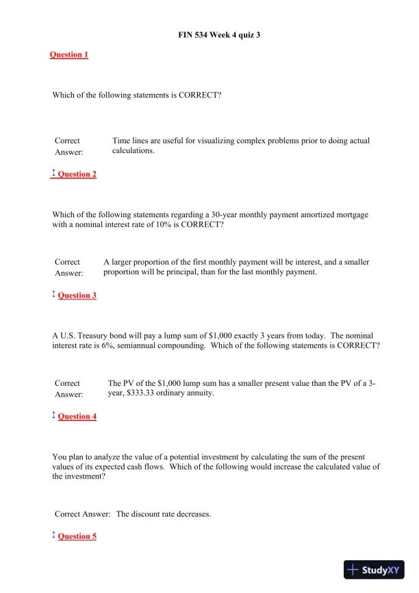 FIN 534 Week 4 Quiz 3 - Page 1 preview image