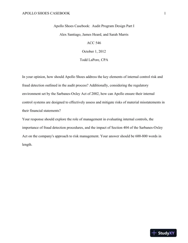 ACC 546 Apollo Shoes Casebook: Audit Program Design Part I - Page 1 preview image