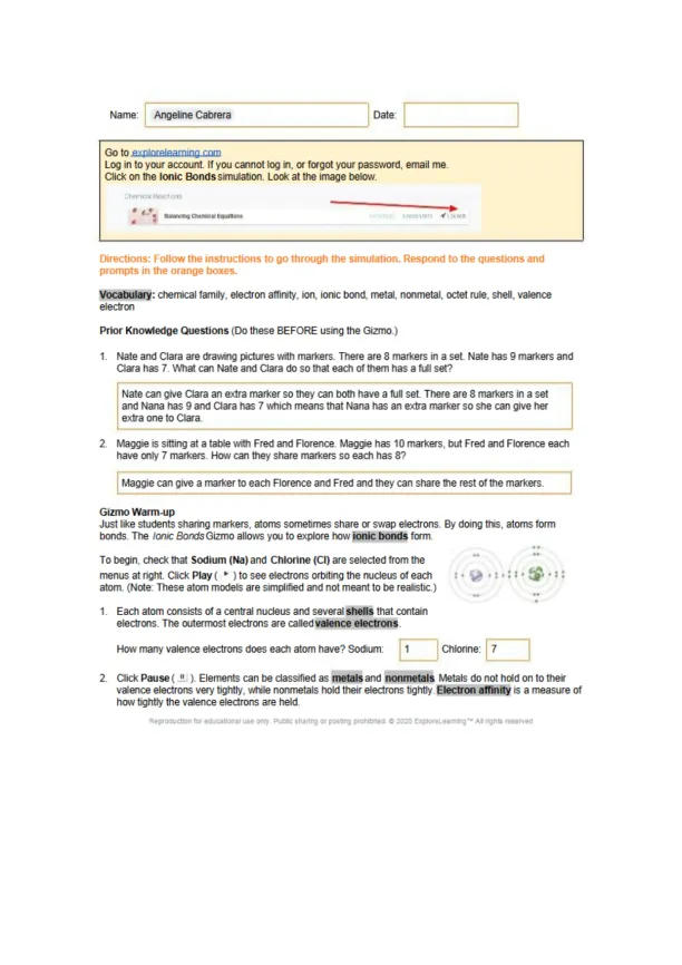 Angeline Cabrera Gizmo Ionic bonds Lab - Page 1 preview image