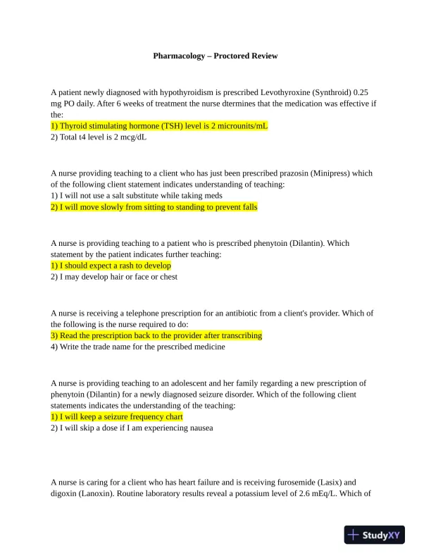 Pharmacology Protected Exam With Answers (125 Solved Questions) - Page 1 preview image