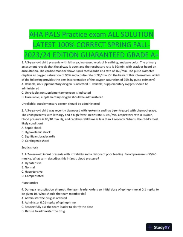 2023-2024 AHA PALS Child Care Practice Exam With Answers (33 Solved Questions) - Page 1 preview image