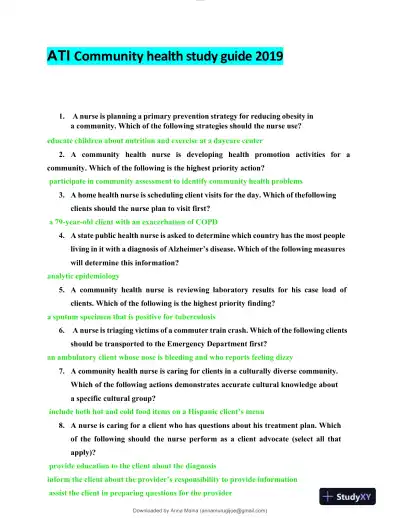 2019 ATI Community Health Study Guide Practice Exam With Answers (106 Solved Questions) - Page 1 preview image
