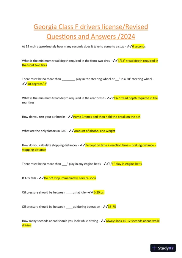 2024 Georgia Class F Drivers License/Revised Questions with Answers (49 Solved Questions) - Page 1 preview image