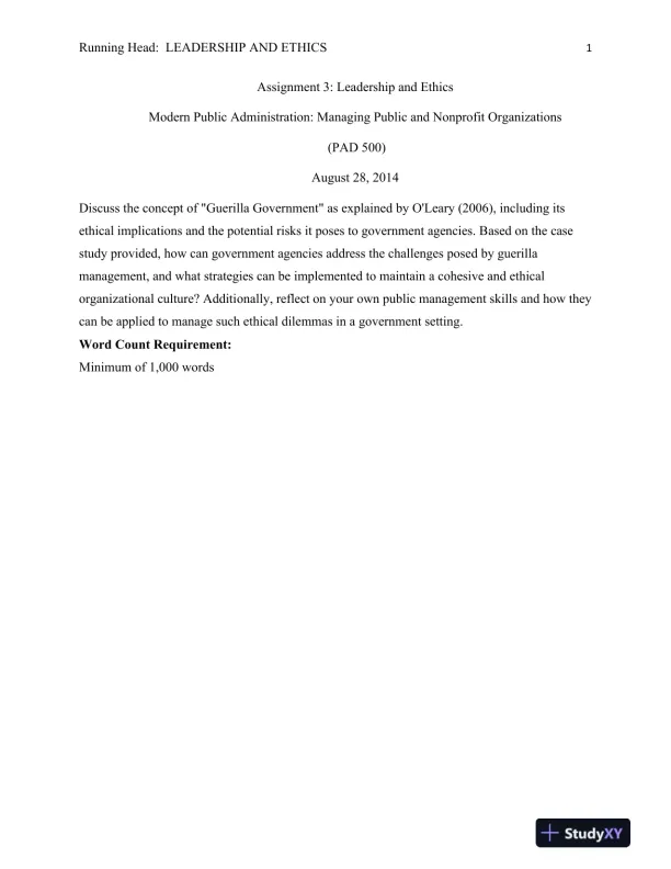 PAD 500 Assignment 3: Leadership and Ethics - Page 1 preview image
