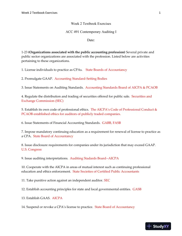 ACC 491 Contemporary Auditing I Week 2 Textbook Exercises - Page 1 preview image