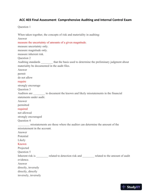 ACC 403 Final Assessment Comprehensive Auditing and Internal Control Exam - Page 1 preview image