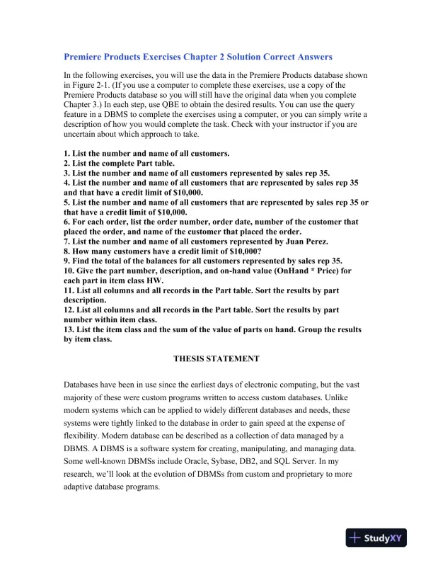 Premiere Products Exercises Chapter 2 Solution Correct Answers - Page 1 preview image
