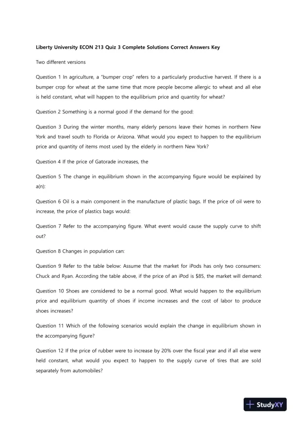 Liberty University ECON 213 Quiz 3 Complete Solutions Correct Answers Key - Page 1 preview image