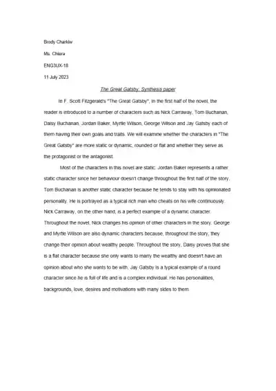 Great Gatsby Synthesis paper - Page 1 preview image