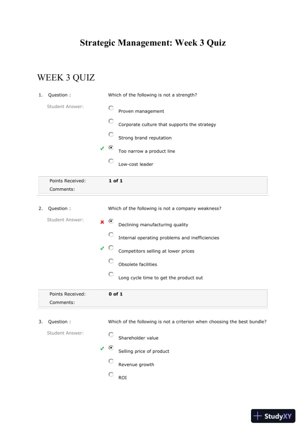 Strategic Management: Week 3 Quiz - Page 1 preview image