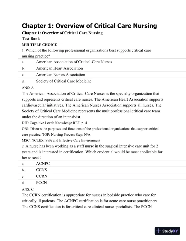 Test Bank For Introduction To Critical Care Nursing, 6th Edition - Page 1 preview image