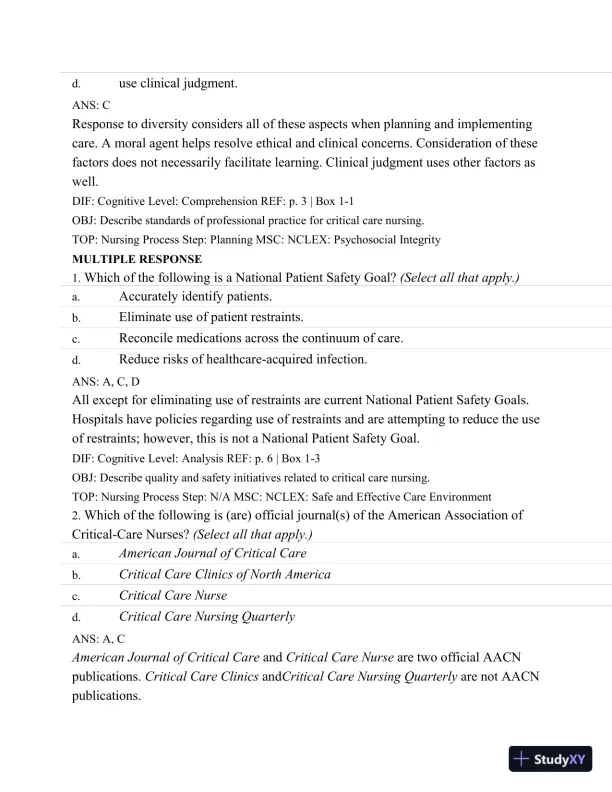 Test Bank For Introduction To Critical Care Nursing, 6th Edition - Page 11 preview image