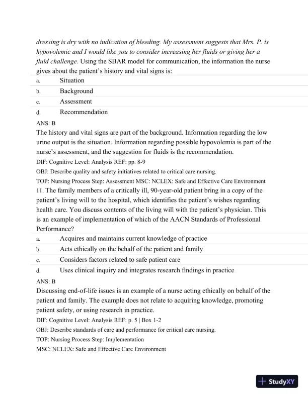 Test Bank For Introduction To Critical Care Nursing, 6th Edition - Page 7 preview image