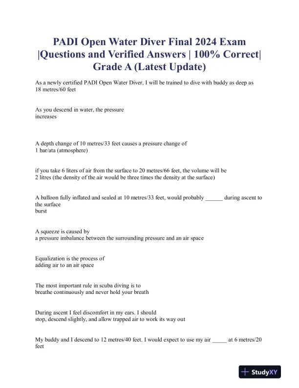 2024 PADI  Final Exam With Answers (120 Solved Questions) - Page 1 preview image
