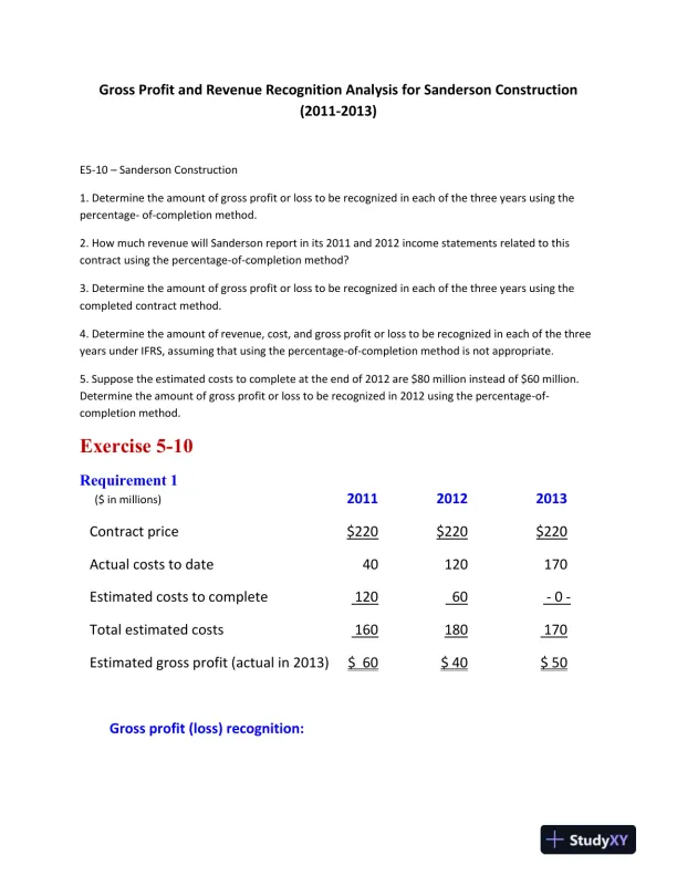 Gross Profit and Revenue Recognition Analysis for Sanderson Construction (2011-2013) - Page 1 preview image