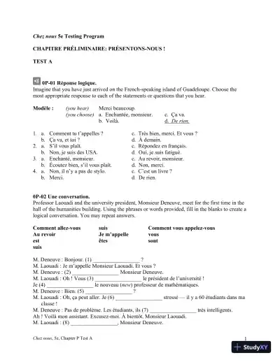 Test Bank for Chez nous: Branch sur le monde francophone, 5th Edition - Page 1 preview image