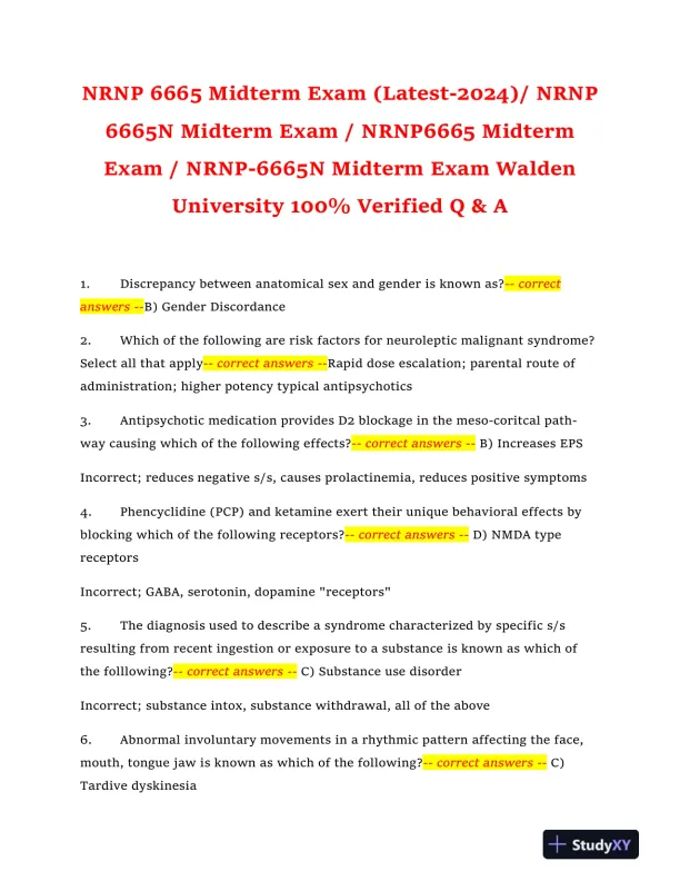 2024 NRNP6665 Mental Health Midterm Exam With Answers (409 Solved Questions) - Page 1 preview image