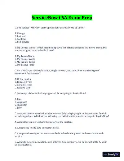 CSA Service Now Preparation Practice Exam with Answers (170 Solved Questions) - Page 1 preview image