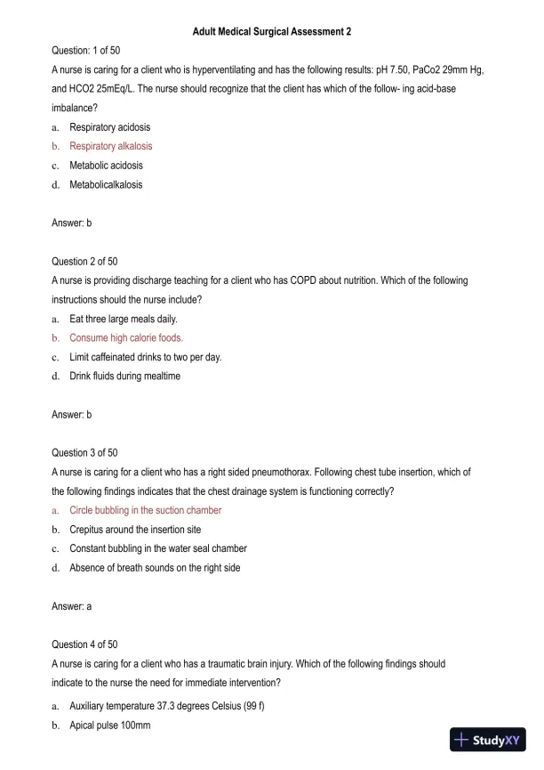 Adult Medical Surgical Assessment 2 Practice Exam with Answers (50 Solved Questions) - Page 1 preview image
