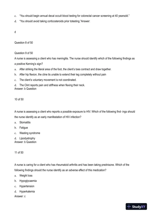 Adult Medical Surgical Assessment 2 Practice Exam with Answers (50 Solved Questions) - Page 4 preview image