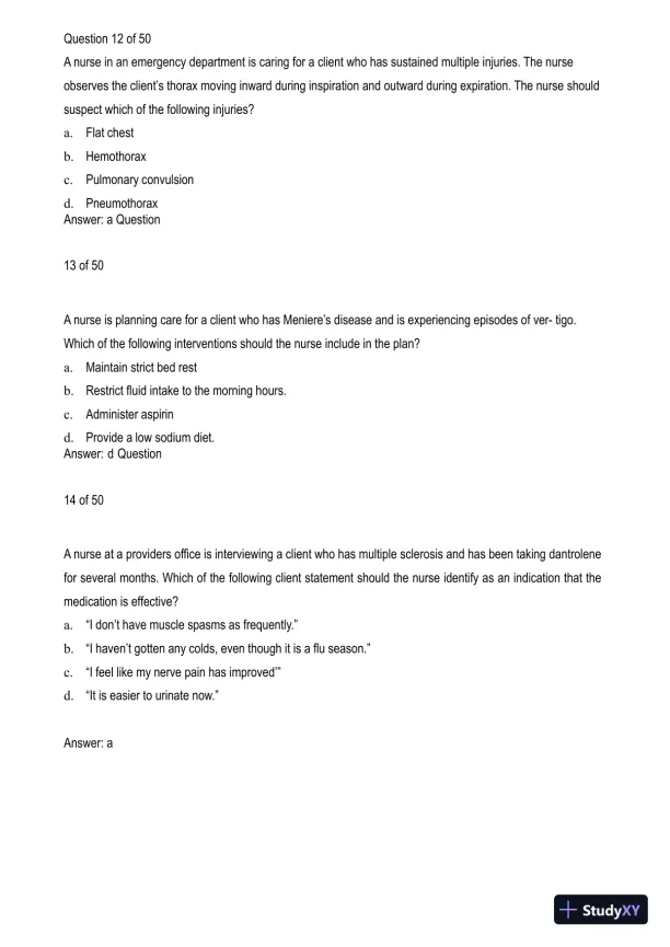Adult Medical Surgical Assessment 2 Practice Exam with Answers (50 Solved Questions) - Page 5 preview image